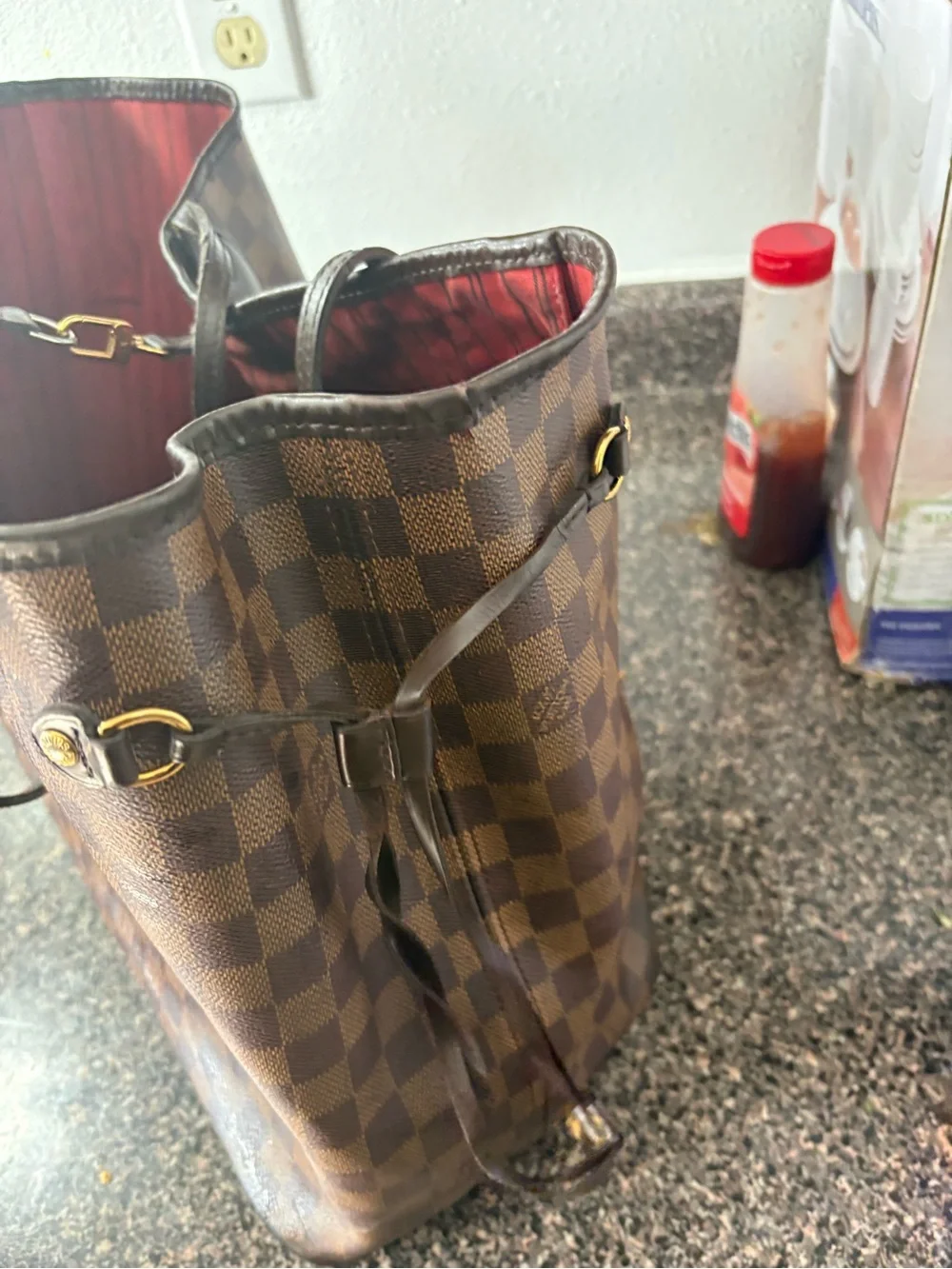 Louis Vuitton Brown Checkered Tote with Red Interior